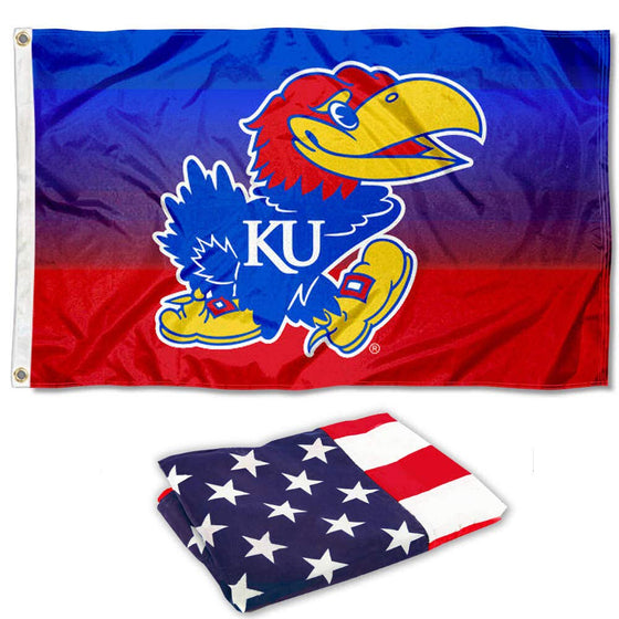 College Flags & Banners Co. Kansas Jayhawks Gradient Ombre Flag and USA 3x5 Flag Set