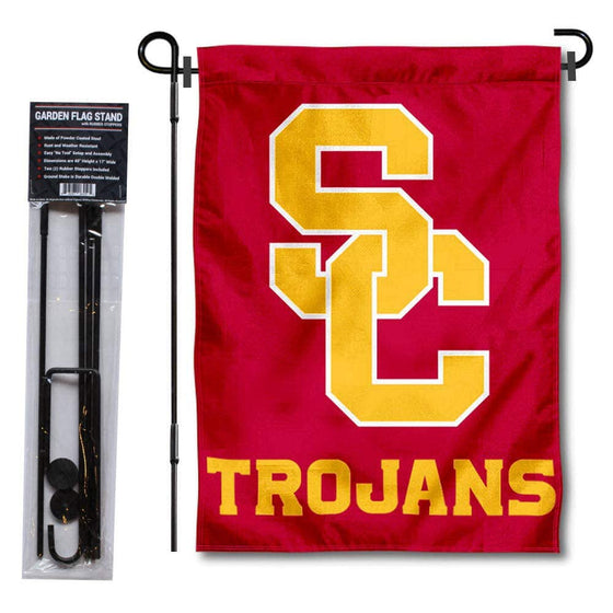 College Flags & Banners Co. USC Trojans New SC Logo Garden Flag and USA Stand Pole Holder Set