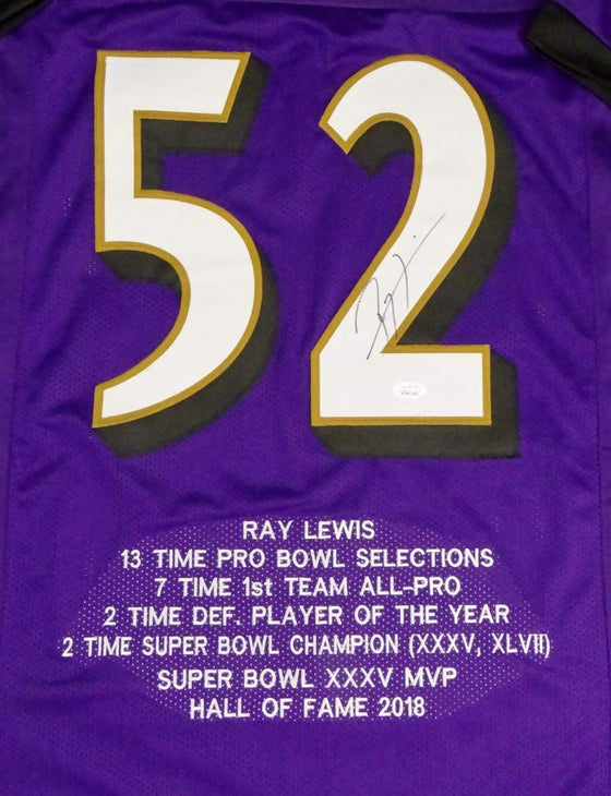 Ray Lewis Autographed Purple Pro Style STAT Jersey - JSA W Auth *2