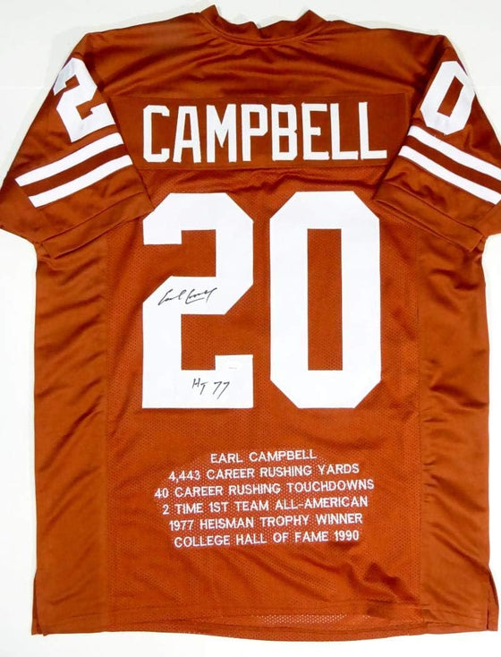 Earl Campbell Autographed Orange College Style Jersey STAT 4 w/HT- JSA W *Black