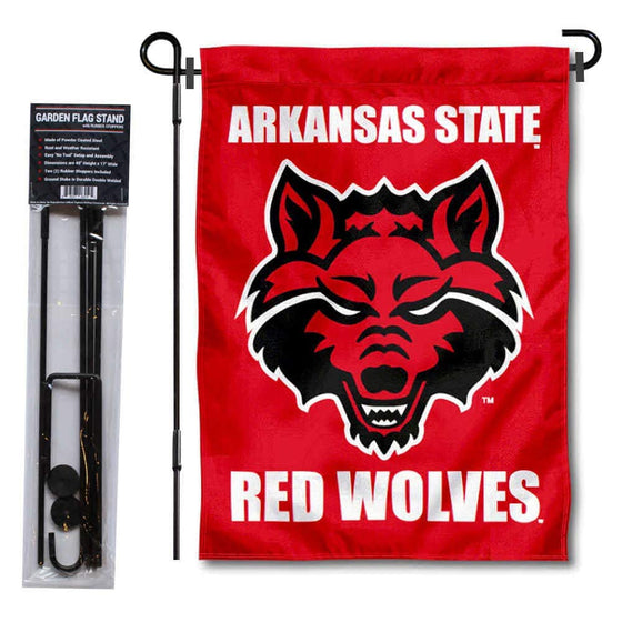 College Flags & Banners Co. Arkansas State Red Wolves Garden Flag and USA Flag Stand Pole Holder Set