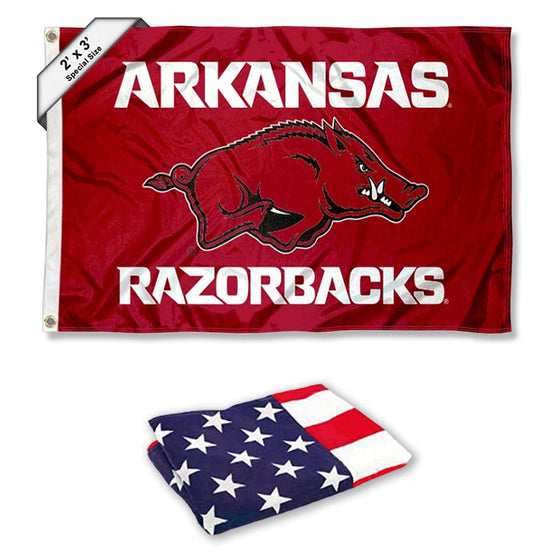 College Flags & Banners Co. Arkansas Razorbacks Small 2'x3' Flag and USA 3x5 Flag Set