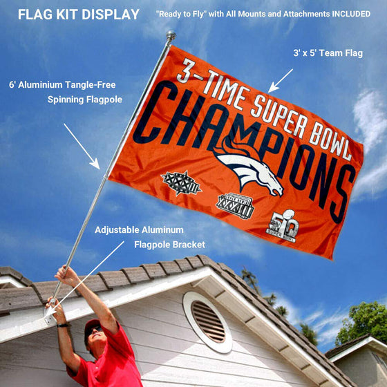 WinCraft Denver Broncos 3 Time Champs Flag Pole and Bracket Kit