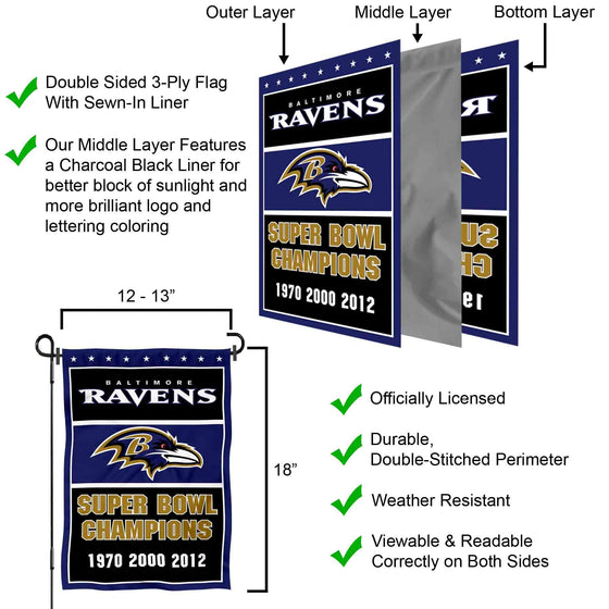 WinCraft Baltimore Ravens 3 Time Super Bowl Champions Double Sided Garden Flag