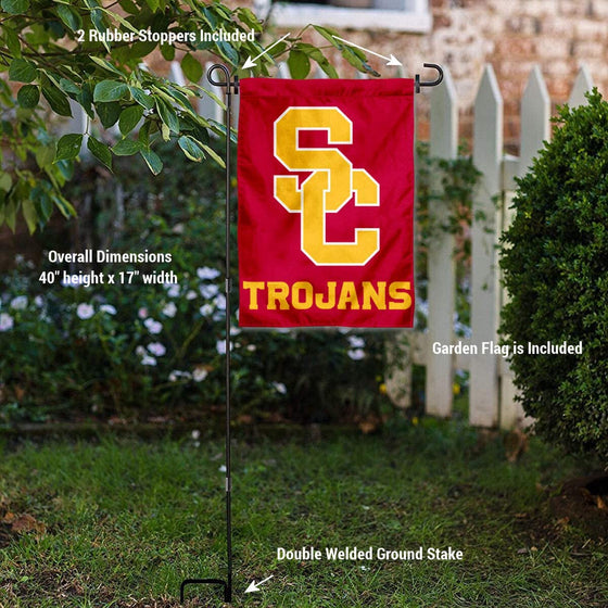 College Flags & Banners Co. USC Trojans New SC Logo Garden Flag and USA Stand Pole Holder Set