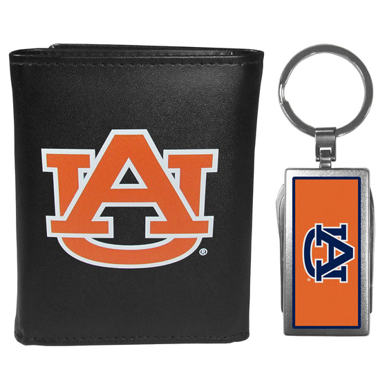 Auburn Tigers Leather Tri-fold Wallet & Multitool Key Chain, Black