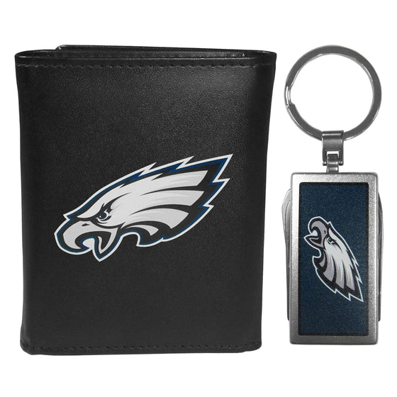 Philadelphia Eagles Leather Tri-fold Wallet & Multitool Key Chain, Black