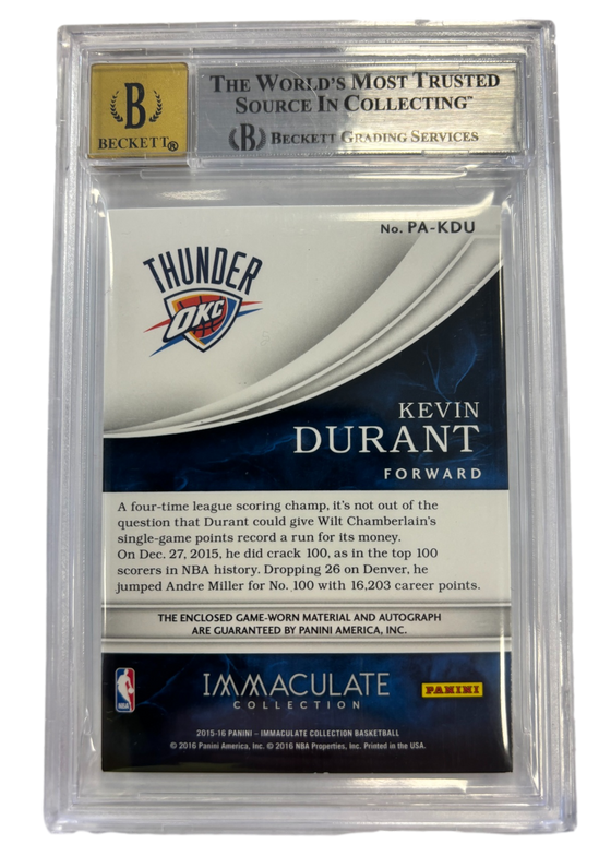 Oklahoma City Thunder Kevin Durant Panini Immaculate 2015-16 Patch Autographs #PAKDU 03/60 Auto Card Beckett Mint 9 Auto 10 - 757 Sports Collectibles