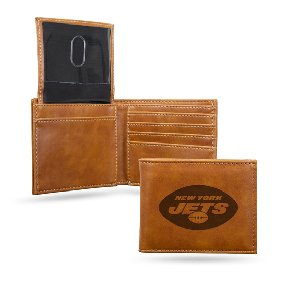 NFL Football New York Jets Brown Laser Engraved Bill-fold Wallet - Slim Design - Great Gift