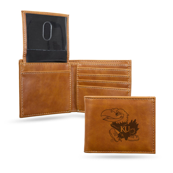 NCAA  Kansas Jayhawks Brown Laser Engraved Bill-fold Wallet - Slim Design - Great Gift