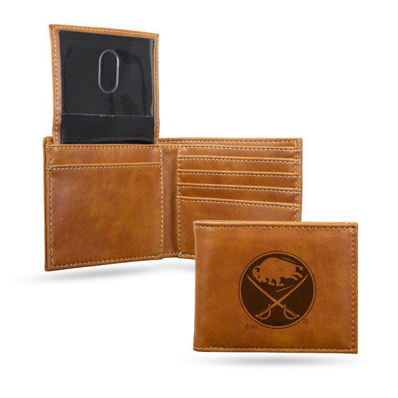 NHL Hockey Buffalo Sabres Brown Laser Engraved Bill-fold Wallet - Slim Design - Great Gift