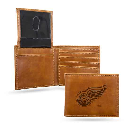 NHL Hockey Detroit Red Wings Brown Laser Engraved Bill-fold Wallet - Slim Design - Great Gift