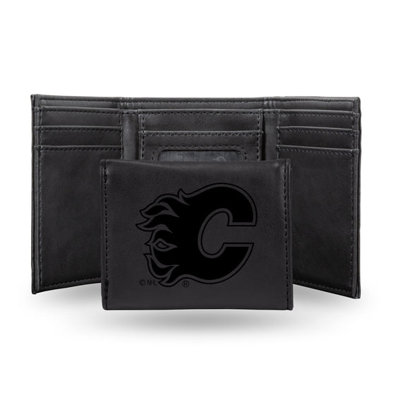 NHL Hockey Calgary Flames Black Laser Engraved Tri-Fold Wallet - Men's Accessory