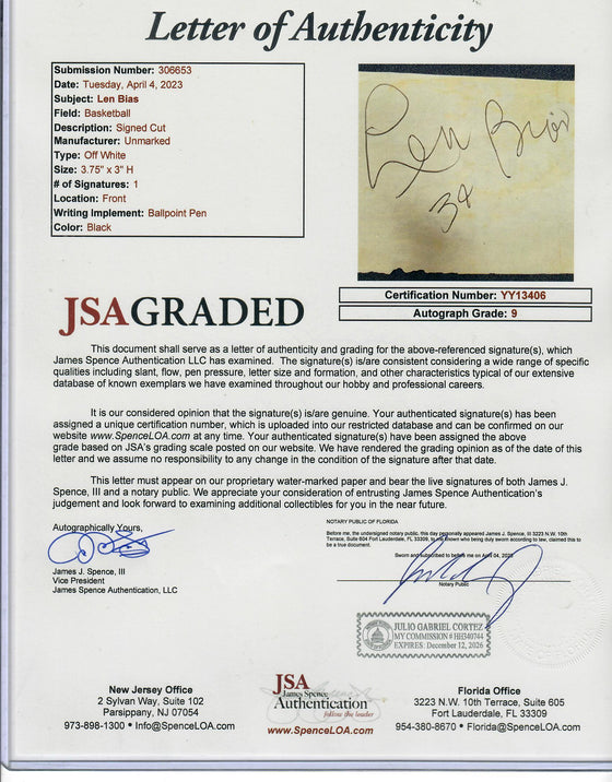 Maryland Terps Boston Celtics Len Bias Cut Signature Autograph - JSA Letter - Graded 9 - 757 Sports Collectibles