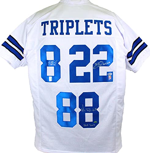 Triplets Aikman Irvin Smith Autographed White Pro Style Jersey- Beckett W Auth - 757 Sports Collectibles