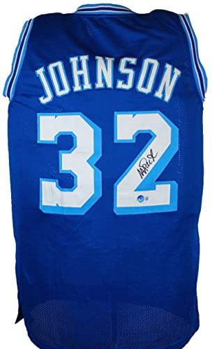 Magic Johnson Autographed Blue Los Angeles Jersey-Beckett W Hologram Black - 757 Sports Collectibles