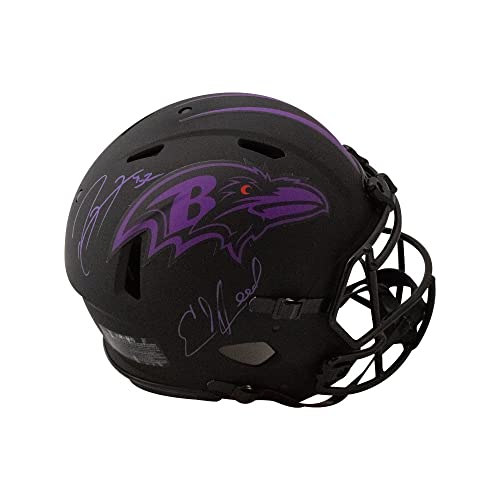 Ray Lewis Ed Reed Autographed Baltimore Eclipse Authentic Full-Size Football Helmet - BAS (Purple Ink) - 757 Sports Collectibles