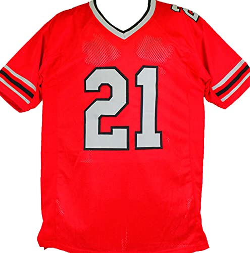 Deion Sanders Autographed Red W/Black Pro Style Stat Jersey- Beckett Auth U1 - 757 Sports Collectibles