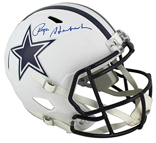 Cowboys Roger Staubach Signed Flat White Full Size Speed Rep Helmet BAS Witness - 757 Sports Collectibles