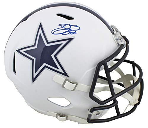 Cowboys Emmitt Smith Signed Flat White Full Size Speed Rep Helmet BAS Witnessed - 757 Sports Collectibles