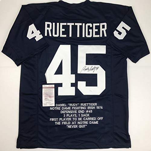 Autographed/Signed Rudy Ruettiger Notre Dame Blue Stat College Football Jersey JSA COA - 757 Sports Collectibles