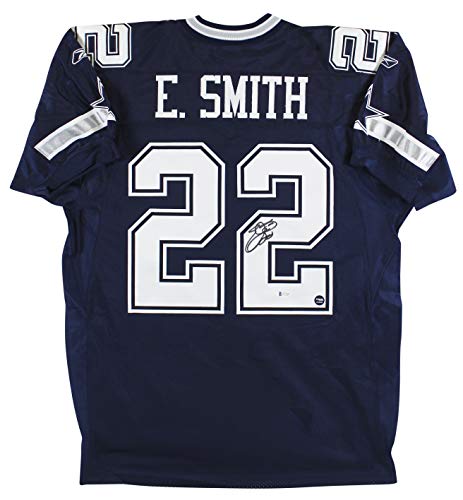 Cowboys Emmitt Smith Signed Navy Blue Reebok Jersey Autographed BAS Witnessed - 757 Sports Collectibles