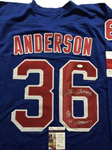 Autographed/Signed Glenn Anderson"94 SC Champs" New York Blue Hockey Jersey JSA COA