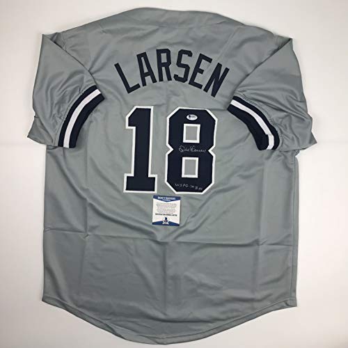 Autographed/Signed Don Larsen"WS PG 10-8-56" New York Grey Baseball Jersey Beckett BAS COA - 757 Sports Collectibles