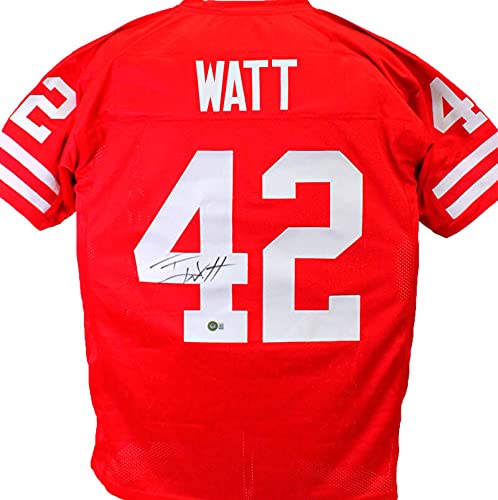 TJ Watt Autographed Red College Style Jersey- Beckett W Hologram Black - 757 Sports Collectibles