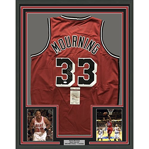 Framed Autographed/Signed Alonzo Mourning 33x42 Miami Red Basketball Jersey JSA COA