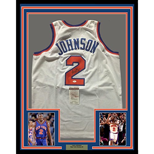 Framed Autographed/Signed Larry Johnson 33x42 New York White Basketball Jersey JSA COA