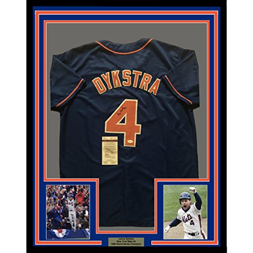 Framed Autographed/Signed Lenny Dykstra 33x42 New York Blue Baseball Jersey JSA COA