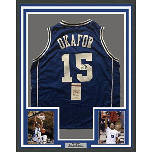 Framed Autographed/Signed Jahlil Okafor 33x42 Duke Blue College Basketball Jersey JSA COA