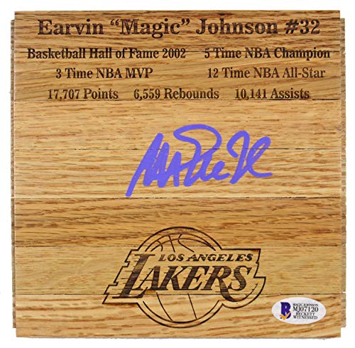 Lakers Magic Johnson Signed 6x6 floorboard w/Purple Signature BAS Witnessed - 757 Sports Collectibles