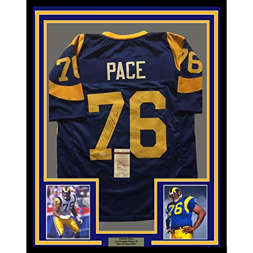 Framed Autographed/Signed Orlando Pace"HOF 16" 33x42 Los Angeles LA Rams Blue Football Jersey JSA COA