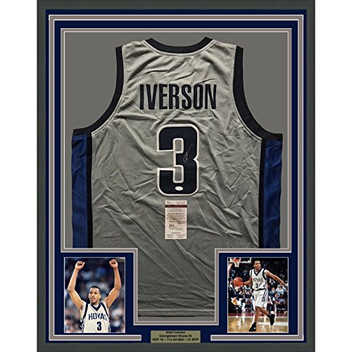 Framed Autographed/Signed Allen Iverson 33x42 Georgetown Grey Basketball Jersey JSA COA