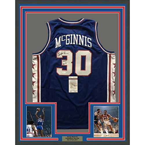 Framed Autographed/Signed George McGinnis"HOF 2017" 33x42 Philadelphia Blue Basketball Jersey JSA COA