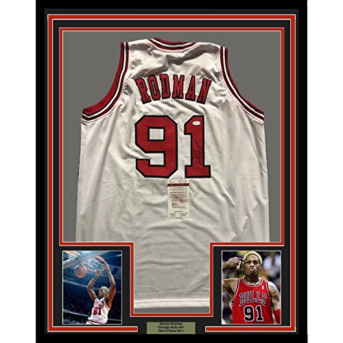 Framed Autographed/Signed Dennis Rodman 33x42 Chicago White Basketball Jersey JSA COA