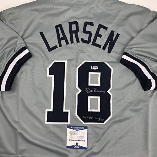 Autographed/Signed Don Larsen"WS PG 10-8-56" New York Grey Baseball Jersey Beckett BAS COA