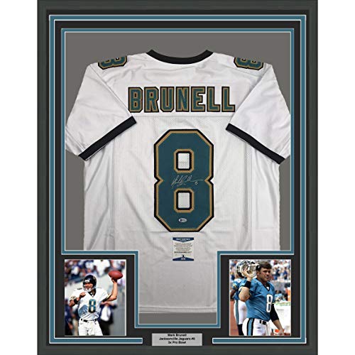 Framed Autographed/Signed Mark Brunell 33x42 Jacksonville White Football Jersey Beckett BAS COA