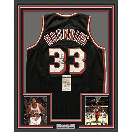 Framed Autographed/Signed Alonzo Mourning 33x42 Miami Black Basketball Jersey JSA COA