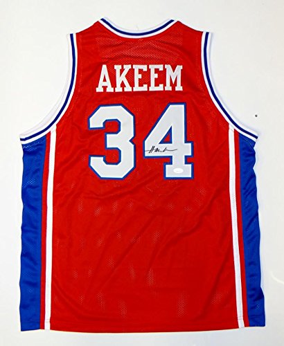 Akeem Olajuwon Autographed Red College Style Jersey- JSA Witnessed Authenticated - 757 Sports Collectibles