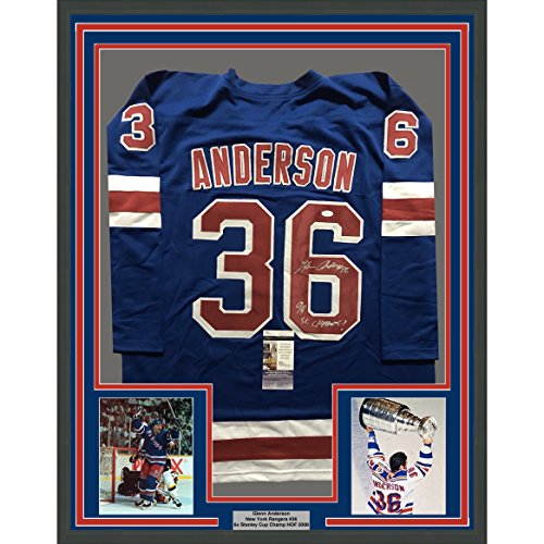 Framed Autographed/Signed Glenn Anderson"94 SC Champs" 33x42 New York Blue Hockey Jersey JSA COA