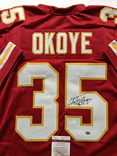 Autographed/Signed Christian Okoye Kansas City Red Football Jersey JSA COA