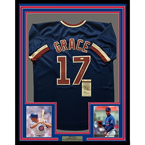 Framed Autographed/Signed Mark Grace 33x42 Chicago Blue Baseball Jersey JSA COA