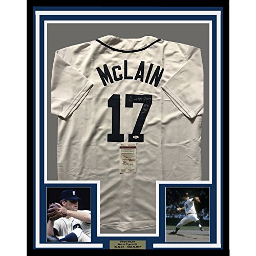 Framed Autographed/Signed Denny McLain 33x42 Detroit White Baseball Jersey JSA COA