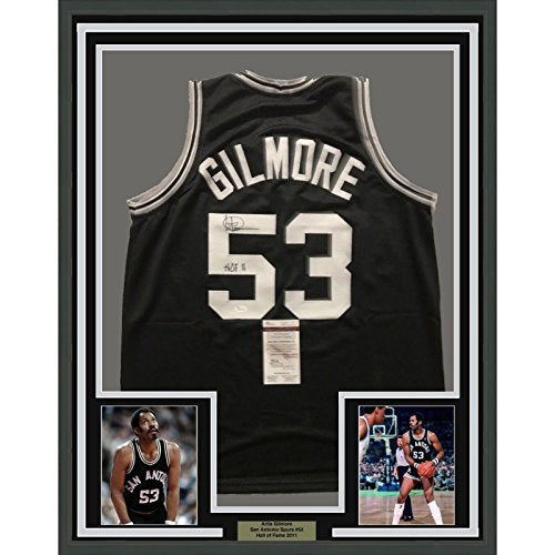 Framed Autographed/Signed Artis Gilmore"HOF 11" 33x42 San Antonio Black Basketball Jersey JSA COA