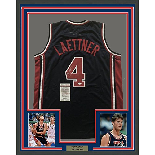 Framed Autographed/Signed Christian Laettner 33x42 Team USA United States Blue Basketball Jersey JSA COA