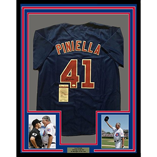 Framed Autographed/Signed Lou Piniella 33x42 Chicago Blue Baseball Jersey JSA COA