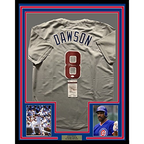 Framed Autographed/Signed Andre Dawson 33x42 Chicago Grey Baseball Jersey JSA COA